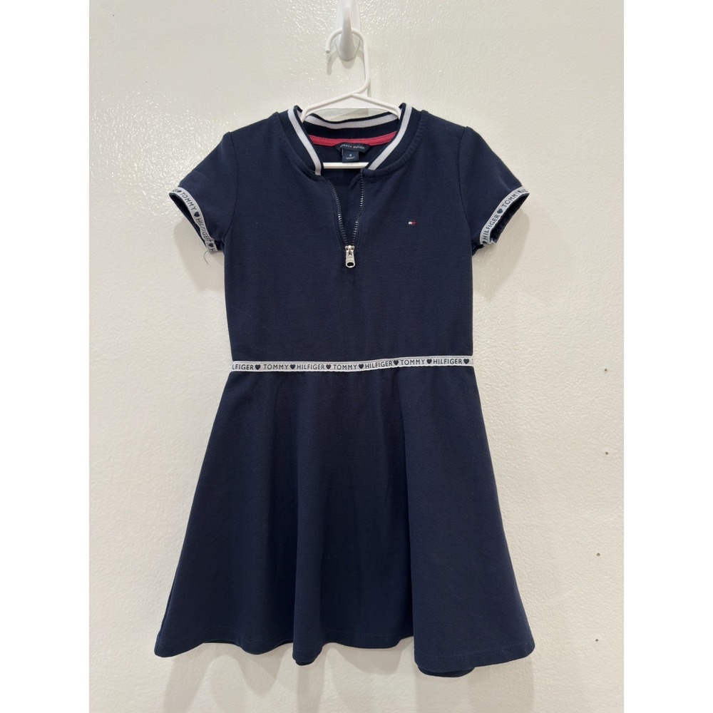 Tommy Hilfiger Girls Size 6 navy Blue Short Sleeve 1/4 Zip Flare Logo Dress